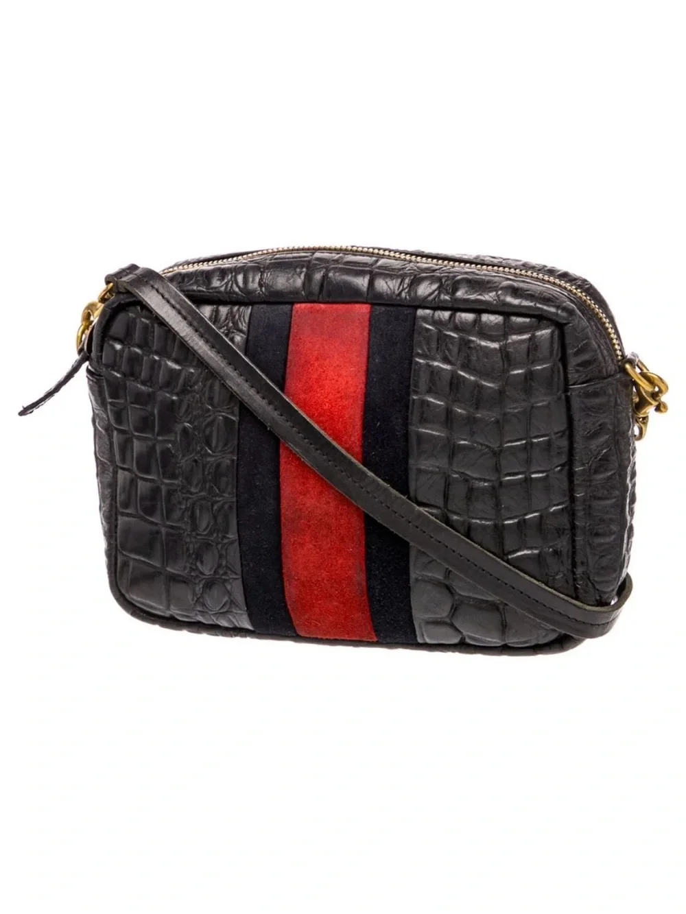 Clare V. Croc-Embossed Black Crossbody Bag with Red Center Stripe